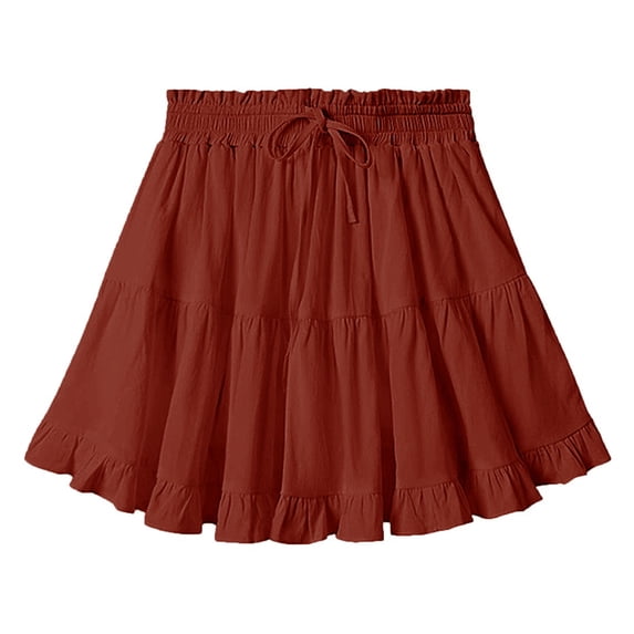Dxzfnsa Women's Mini Skirts Womens Basic High Waisted Tiered Ruffles Hem Skirts Summer Loose Drawstring Elastic Waist Solid Color Beach Skirts