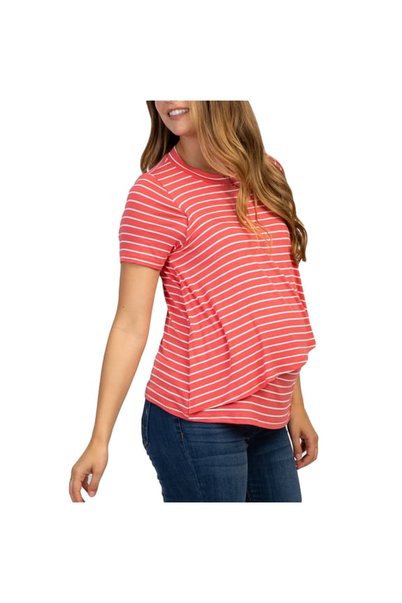Women's Nursing Tops Women Casual Short Sleeve Nursing Shirts Double Layer Soft Maternity Tops Stripes Breastfeeding Blouses Round Neck Pregnancy Clothes