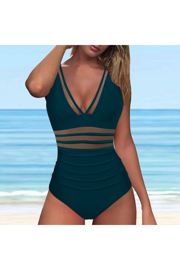 Women's One Piece Swimsuits Summer Womens Slimming Beachwear Mesh Control V Neck Bathing Suits Push Up Solid Color Swim Suits