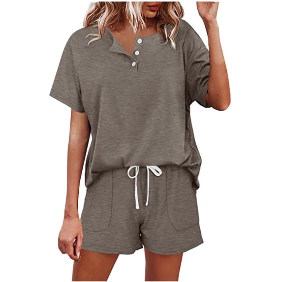 Dxzfnsa Women's Pajama Sets Women Soft Button Short Sleeve Pullover Tops Drawstring Shorts with Pockets 2 Piece Summer Lounge Solid Color Sets
