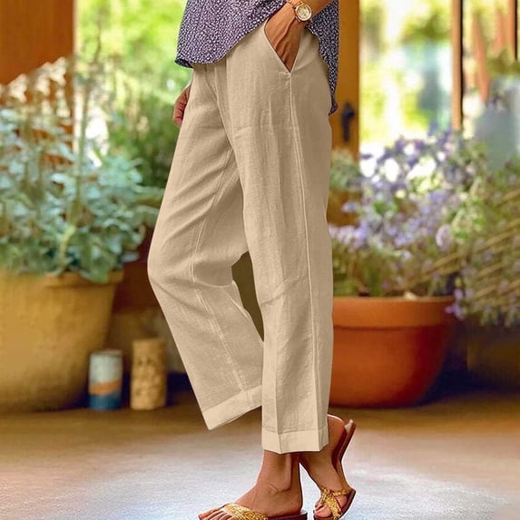Dxzfnsa Women's Pants Women High Waisted Drawstring Straight Leg Loose Cotton Linen Trousers Summer Lightweight Lounge Pants with Pockets