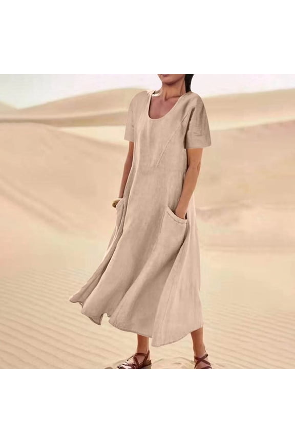 Women's Plus Size Dresses Womens Casual Cotton Linen Short Sleeve Long Dresses Summer Solid Color Crew Neck Beach Maxi Dresses