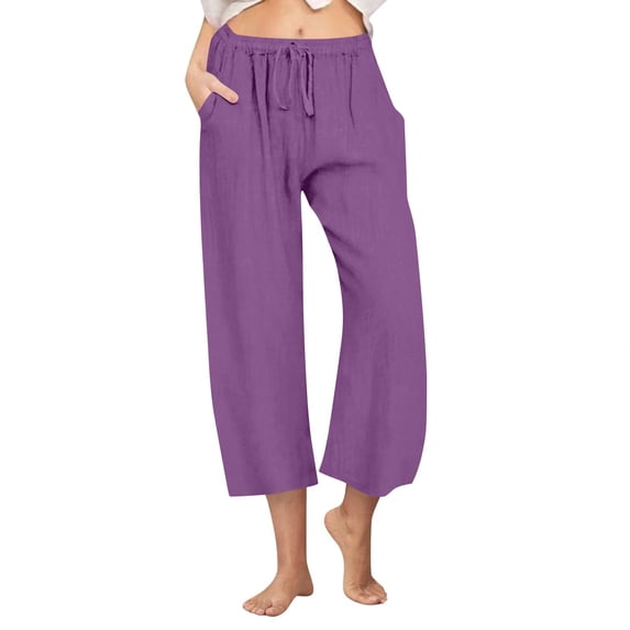Dxzfnsa Women's Plus Size Linen Capris with Pockets Wide Leg Elastic Drawstring High Waisted Beach Casual Loose Cropped Pants S-3XL