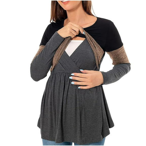 Dxzfnsa Women's Pregnancy Tops Fashion Casual Round Neck Long Sleeve Maternity Shirts Womens Double Layer Maternity Clothes Patchwork Color Breastfeeding Shirts