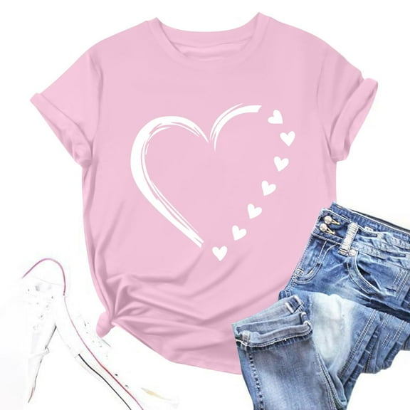 Dxzfnsa Women's Shirts Valentine Day Love Print T Shirts Graphic Print Tops Basic Summer Womens Casual Round Neck Short Sleeve Tee Tops