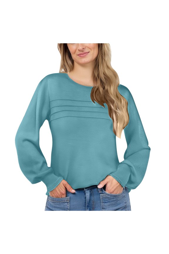 Women's Solid Color Long Sleeved U-neck Pleated Loose Summer Women's Clothing Green-M