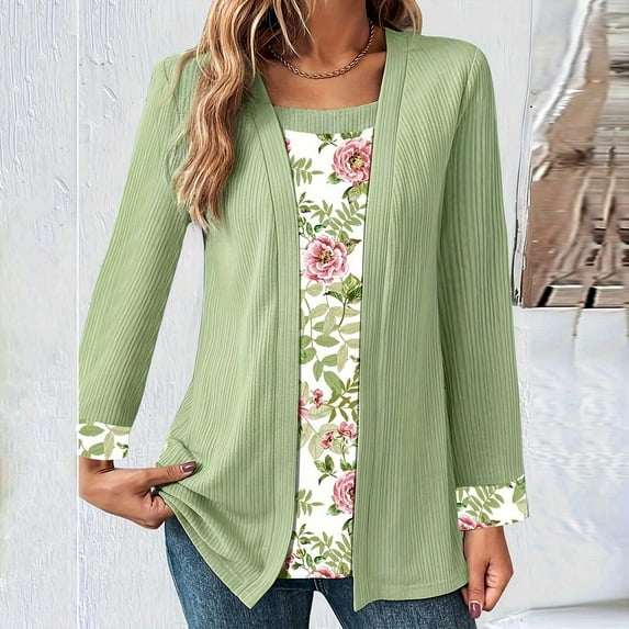 Dxzfnsa Women's Spring And Fall Large Size Solid Color Printing Stitching Fake Two-piece Long-sleeved T-shirt Tops Fall Outfits for Women 2025 Green-5XL