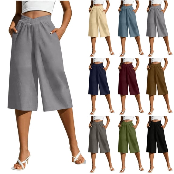 Dxzfnsa Women's Summer Capri Pants Elastic High Waist Drawstring Wide Leg Cotton Linen Work Pants with Pockets S-2XL