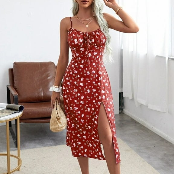 Dxzfnsa Women's Summer Midi Corset Dresses Womens Casual Print Spaghetti Straps Lace Up Dress Flowy Square-Neck Beach Sundresses