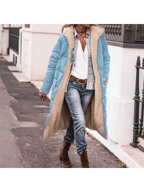 Women's Winter Long Coats Oversized Shearling Fleece Long Coats Zipper Up Reversible Hooded Jackets with Pockets