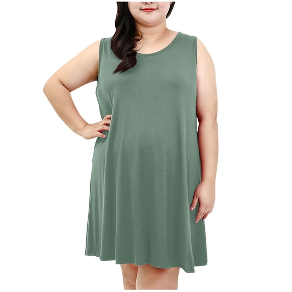 Dxzfnsa Womens Babydoll Dress Summer Sleeveless Mini Dress Casual Loose Crew Neck Swing Flowy Beach Sundresses L-5XL