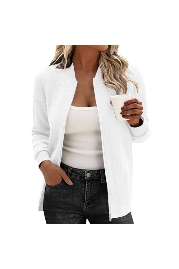 Womens Cardigan Coats Women's Casual Long Sleeve Sweat Coats Fashion Loose Zip-up Solid Color Jackets Round Neck Hoodless Sweatshirts