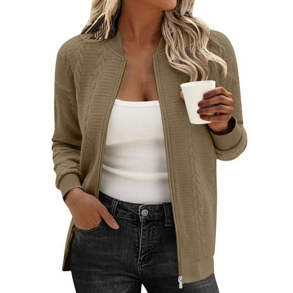 Dxzfnsa Womens Cardigan Coats Women's Casual Long Sleeve Sweat Coats Fashion Loose Zip-up Solid Color Jackets Round Neck Hoodless Sweatshirts