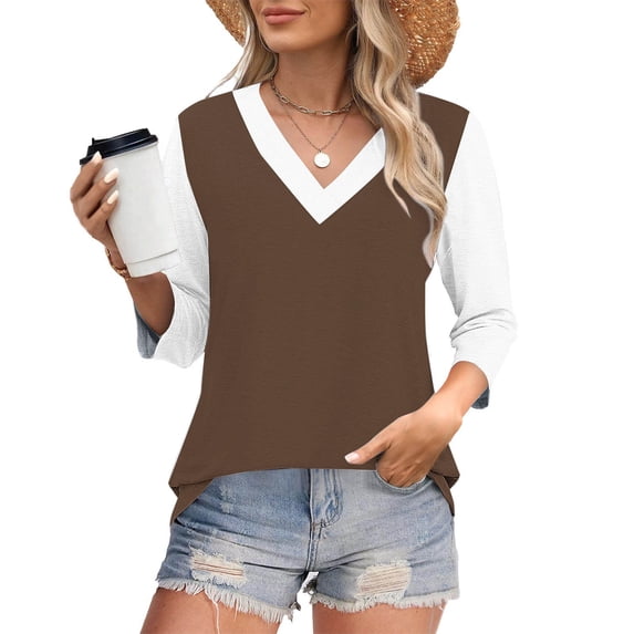 Dxzfnsa Womens Casual 3/4 Sleeve T-Shirts Button V Neck Summer Tunic Tops Loose Fit Shirts Solid Basic Tops S-3XL