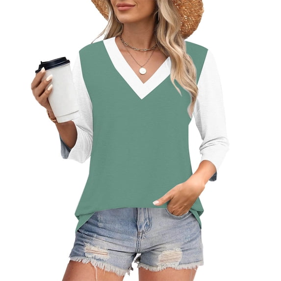 Dxzfnsa Womens Casual 3/4 Sleeve T-Shirts Button V Neck Summer Tunic Tops Loose Fit Shirts Solid Basic Tops S-3XL
