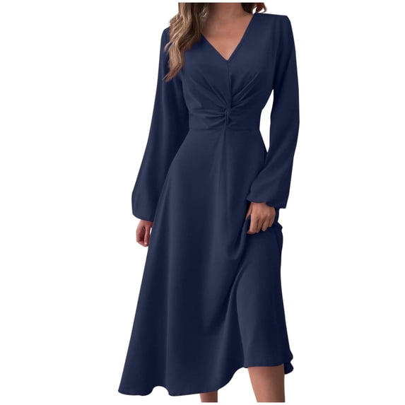 Dxzfnsa Womens Casual Midi Dresses Women's Fashion Solid Color V Neck Long Sleeve Shirt Dresses A-Line Ruched Flowy Dresses