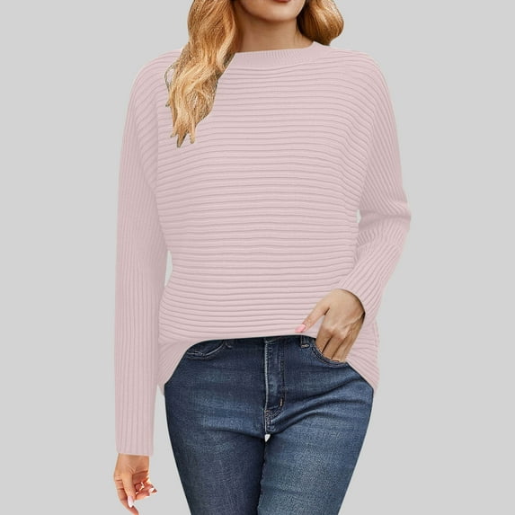 Dxzfnsa Womens Casual Oversized Loose Solid Round Neck Sweater Long Sleeved Long Sleeve Tops for Women Pink-L