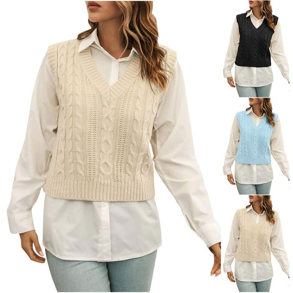 Dxzfnsa Womens Fall Clothes Women鈥檚 V Neck Sweater Vest School Uniform Solid Color Sleeveless Knit Sweaters Pullover Tank Tops S-L