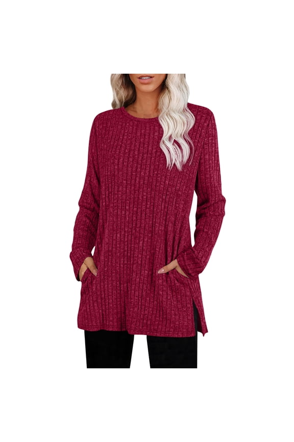 Womens Fall Long Sleeve Shirts Women Fashion Casual Solid Color Tunic Tops Loose Soft Crew Neck Blouses Knit Pullover Tops