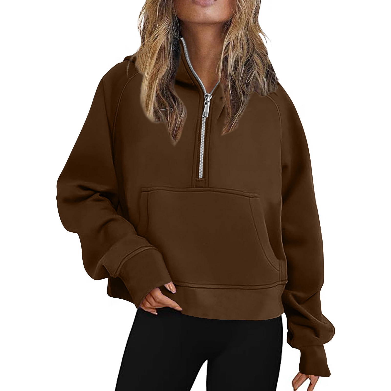 Dxzfnsa Womens Fall Winter Hoodies Women Fleece Half Zip Long Sleeve Pullover Sweatshirts Solid Color Pockets Cropped Sweatshirts Athletic Pullover Sweatshirts