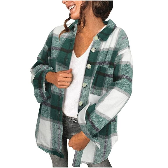 Dxzfnsa Womens Flannel Jacket Long Plaid Shacket Casual Snap Button Tartan Trench Coat Long Sleeve Shirts with Pockets Womens Fall Clothes ,Green-XL