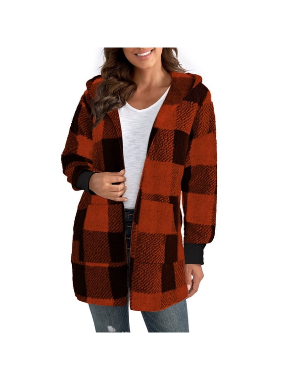 Womens Flannel Plaid Shacket Jacket Button Down Tartan Trench with Pocket Long Sleeve Cropped Fashion Coat Button Up Shirt Women,Orange-L