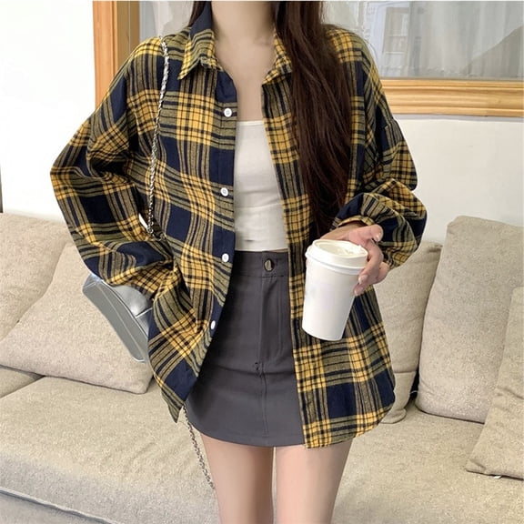 Dxzfnsa Womens Flannel Shacket Casual Jacket Plaid Button Down Long Sleeve Shirt Fall Winter Outfits Long Sleeve Shirts for Women,Yellow-Free Size