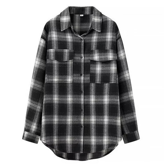 Dxzfnsa Womens Flannels Fall Cropped Shacket Plaid Jacket Long Sleeve Button Down Coat 2025 Fall Fashion Trendy Outfits Button Down Shirts for Women,Black-M