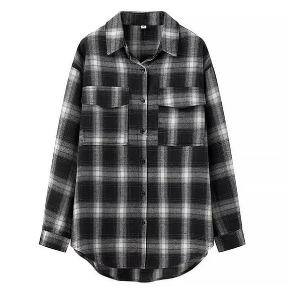 Dxzfnsa Womens Flannels Fall Cropped Shacket Plaid Jacket Long Sleeve Button Down Coat 2025 Fall Fashion Trendy Outfits Winter Clothing for Women,Black-L