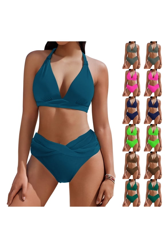 Womens High Waisted Bikini Set Tummy Control V Wire Crinkle 2 Piece Swimsuit Modest Full Coverage Bathing Suit S-2XL