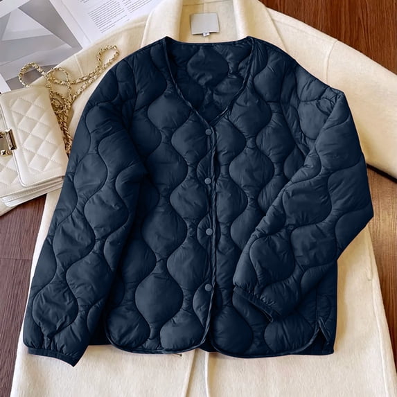 Dxzfnsa Womens Lightweight Jackets Fall Women's Solid Color Button Down Puffer Jackets Loose Fit Round Neck Warm Coats Outerwear