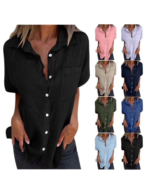 Womens Linen Button Down Shirts V Neck Summer Short Sleeve Tops Casual Loose Fit Cotton Collared Blouses S-2XL