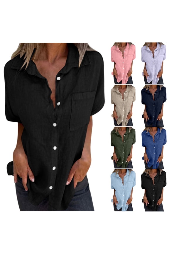 Womens Linen Button Down Shirts V Neck Summer Short Sleeve Tops Casual Loose Fit Cotton Collared Blouses S-2XL