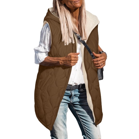 Dxzfnsa Womens Long Puffer Vests Fall Sleeveless Fleece Vest Vests Zip Up Winter Coat Fleece Jackets Long Hoodies with Pockets