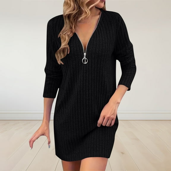 Dxzfnsa Womens Long Sleeve Sweater Dresses Women Half Zipper Sexy V Neck Dresses Trendy Ribbed Solid Color Winter Sweater Dresses