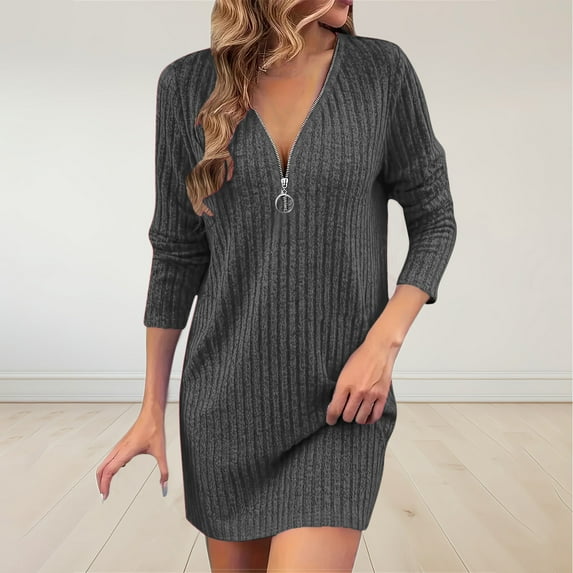Dxzfnsa Womens Long Sleeve Sweater Dresses Women Half Zipper Sexy V Neck Dresses Trendy Ribbed Solid Color Winter Sweater Dresses