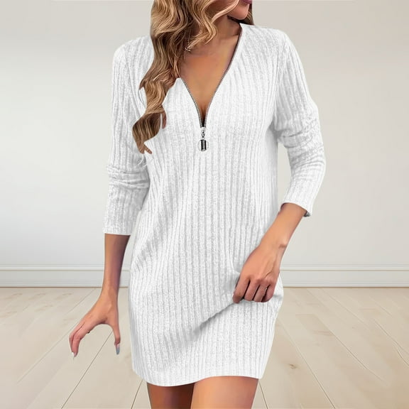 Dxzfnsa Womens Long Sleeve Sweater Dresses Women Half Zipper Sexy V Neck Dresses Trendy Ribbed Solid Color Winter Sweater Dresses