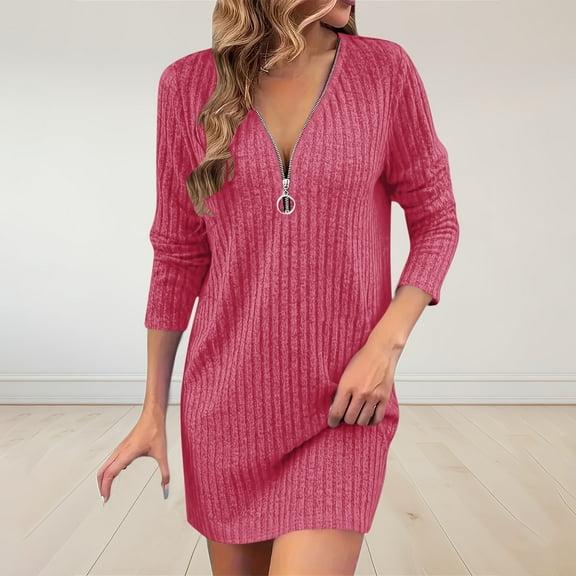Dxzfnsa Womens Long Sleeve Sweater Dresses Women Half Zipper Sexy V Neck Dresses Trendy Ribbed Solid Color Winter Sweater Dresses