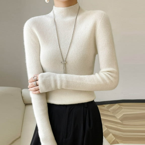 Dxzfnsa Womens Long Sleeve Sweaters Fall Winter Basic Slim Fit Solid Color Tee Base Layer Lightweight Thermal Semi High Neck Pullover Sweaters