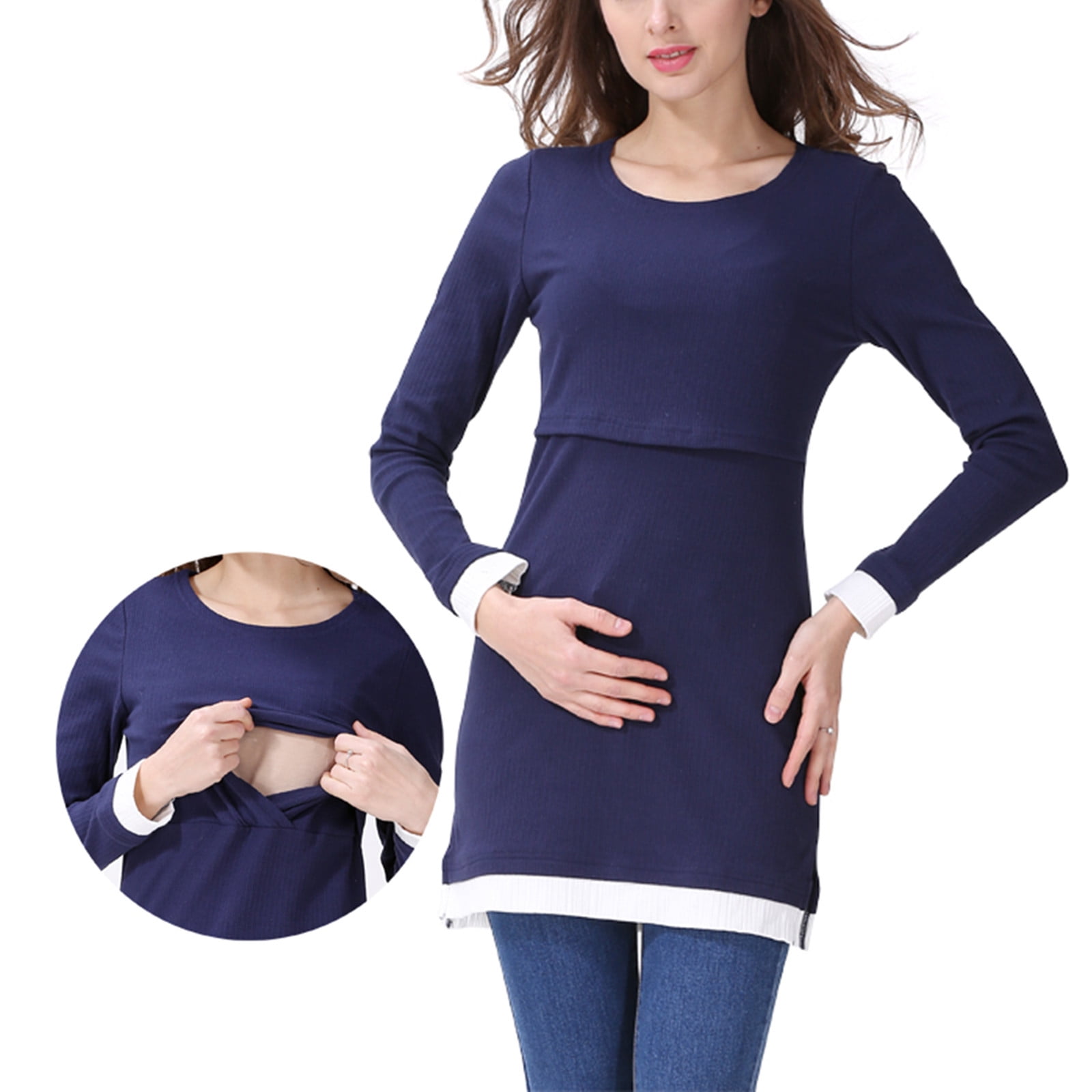 Dxzfnsa Womens Maternity Clothes Long Sleeve Maternity Tops Women Fashion Solid Color Long Sleeve Breastfeeding Blouses Round Neck Pregnancy Clothes