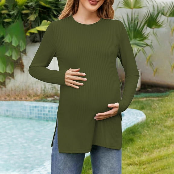 Dxzfnsa Womens Maternity Shirts Fall Fashion Ribbed Knit Long Sleeve Pregnancy Tops Casual Solid Color Crewneck Pregnant Clothes Basic Tunic Shirts