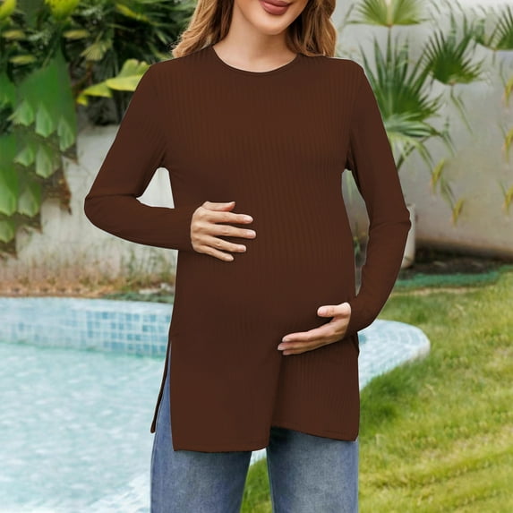 Dxzfnsa Womens Maternity Shirts Fall Fashion Ribbed Knit Long Sleeve Pregnancy Tops Casual Solid Color Crewneck Pregnant Clothes Basic Tunic Shirts