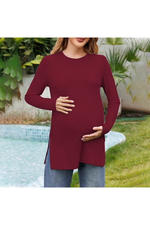 Womens Maternity Shirts Fall Fashion Ribbed Knit Long Sleeve Pregnancy Tops Casual Solid Color Crewneck Pregnant Clothes Basic Tunic Shirts