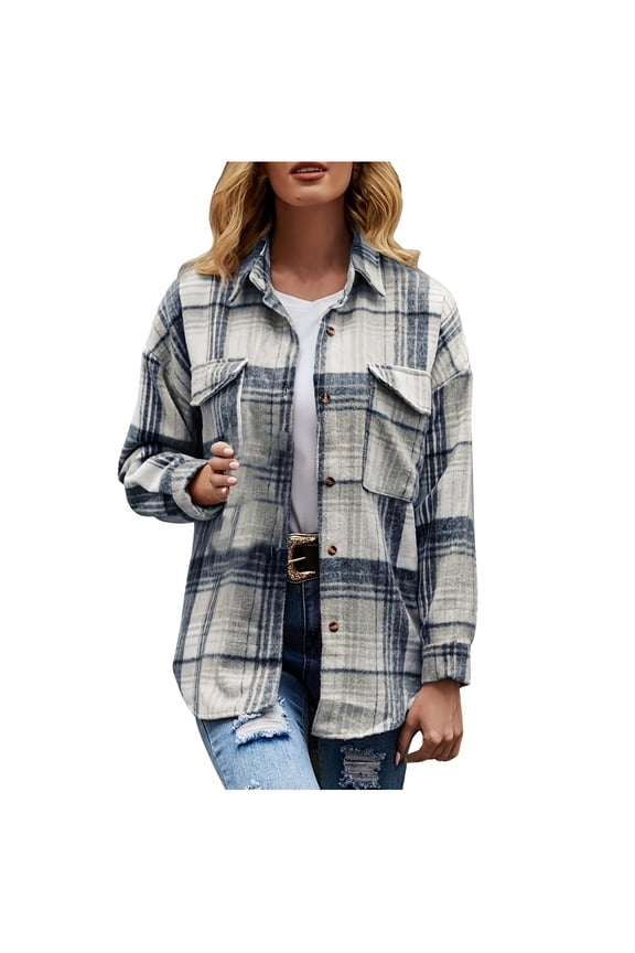 Womens Plaid Shacket Jacket Sherpa Lined Flannel Jackets Oversized Button Up Fleece Warm Coat Flannel Shirt Women,Light Blue-XL