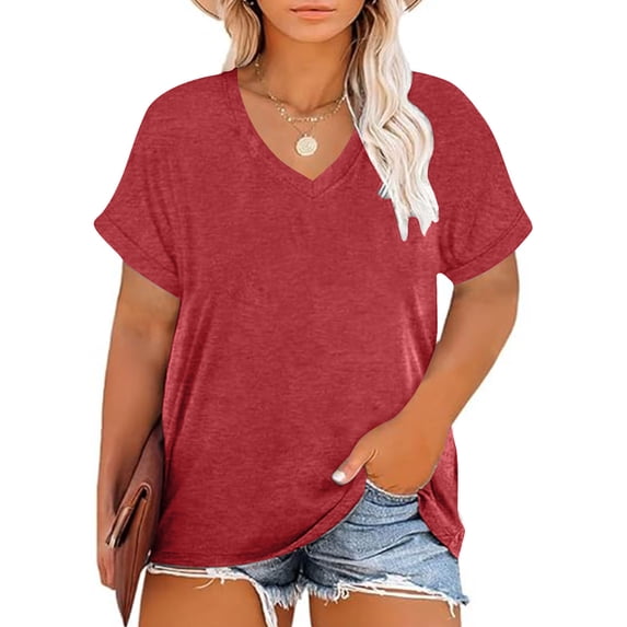 Dxzfnsa Womens Plus Size Tops Women's Short Sleeve V Neck Pullovers Soft Loose Bottom T-shirt Summer Casual Tops