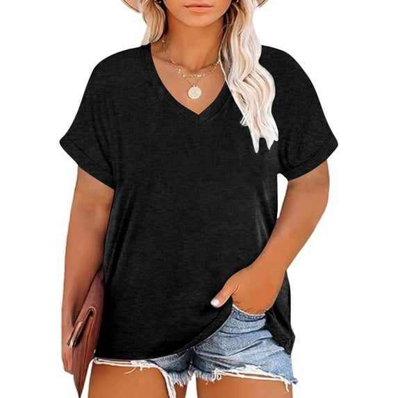 Dxzfnsa Womens Plus Size Tops Women's Short Sleeve V Neck Pullovers Soft Loose Bottom T-shirt Summer Casual Tops