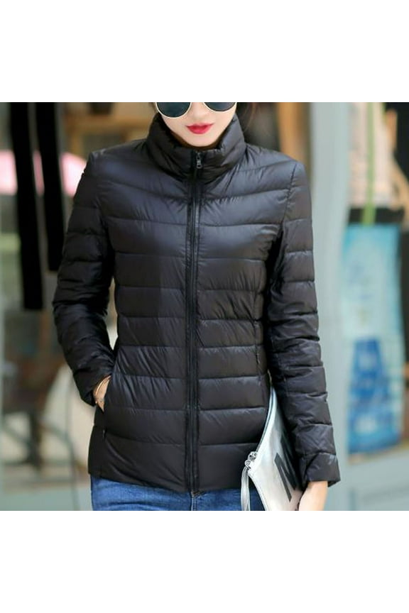 Womens Puffer Jacket Women's Lightweight Insulated Puffer Coats Full Zip Solid Color Long Sleeve Hoodless Jackets Running Coats