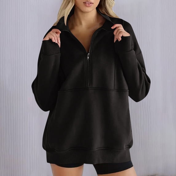 Dxzfnsa Womens Quarter Zip Pullover Tops Women Oversize Solid Color Long Sleeve Sweatshirts Casual Lapel Collar Long Tops with Pocket