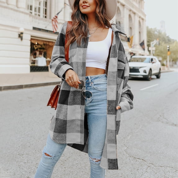 Dxzfnsa Womens Shacket Jacket Oversized Casual Flannel Plaid Wool Blend Button Down Shirt Coat Jackets Blouses for Women Dressy Casual,Black-XL