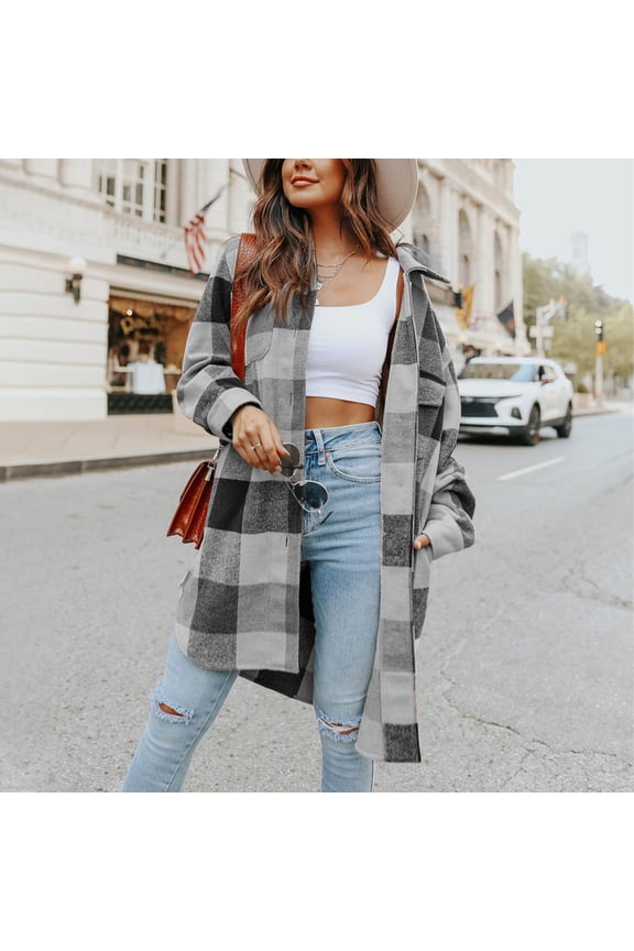 Womens Shacket Jacket Oversized Casual Flannel Plaid Wool Blend Button Down Shirt Coat Jackets Blouses for Women Dressy Casual,Black-XL